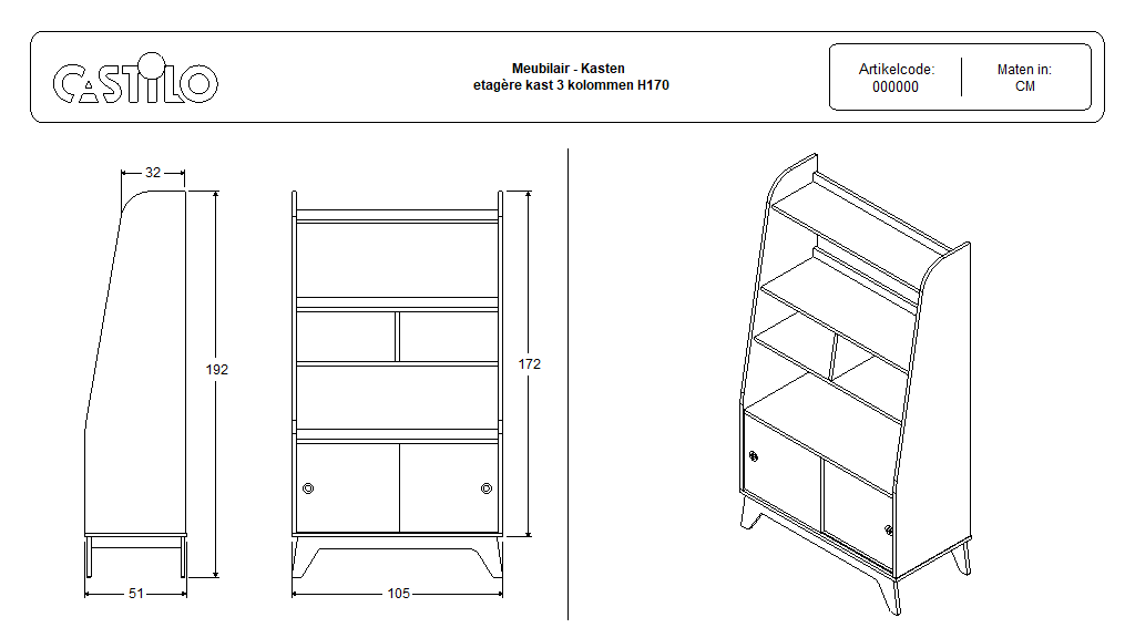 Etagère kast 3 kolommen H190 - Afbeelding 4